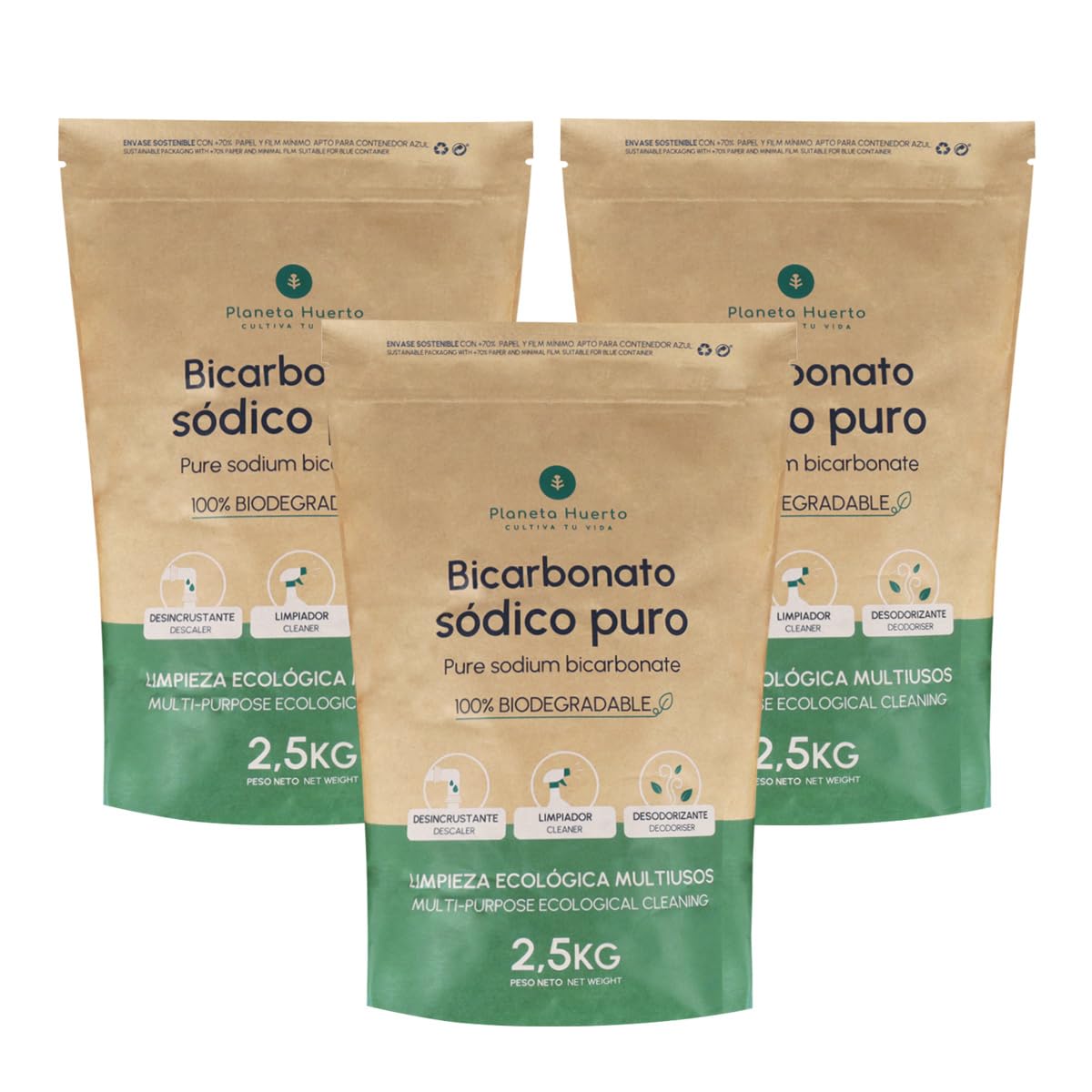 PLANETA HUERTO | Pack 3x Bicarbonato Sódico Ecológico 2.5 kg - Limpieza y Desodorización Natural Multiusos para el Hogar y Más
