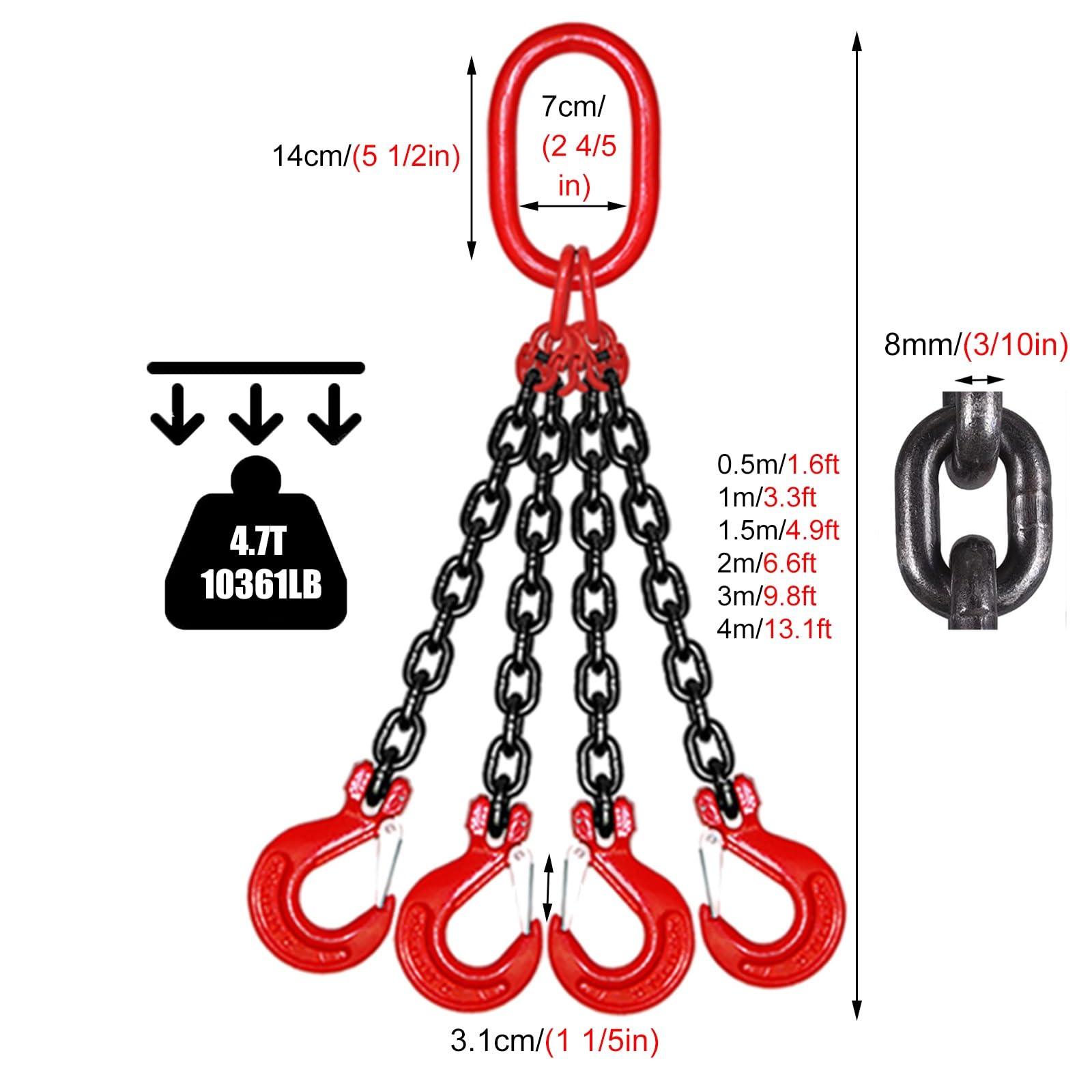 Lifting Chains with Hooks, Heavy Duty G80 Mn Steel Chain Sling 4 Leg Grab Hooks/Lifting Ring, Industrial Grade Lift Chain Sling for Forklift Hoist Crane(Load 4.7 Ton L 2 M (6.6 FT) 4 Hook)