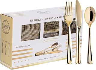 N9R Heavy Duty Gold Plastic Silverware Set - 300PCS Disposable Cutlery 100 Forks Spoons Knives for Weddings Parties