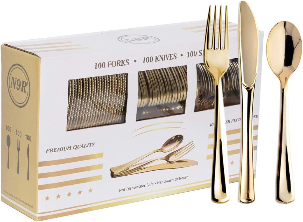 N9R 300 Gold Plastic Silverware- Disposable Cutlery Serving Set-100 Forks 100 Knives 100 Spoons -Plastic Heavyweight Flatware Utensils for Weddings Parties