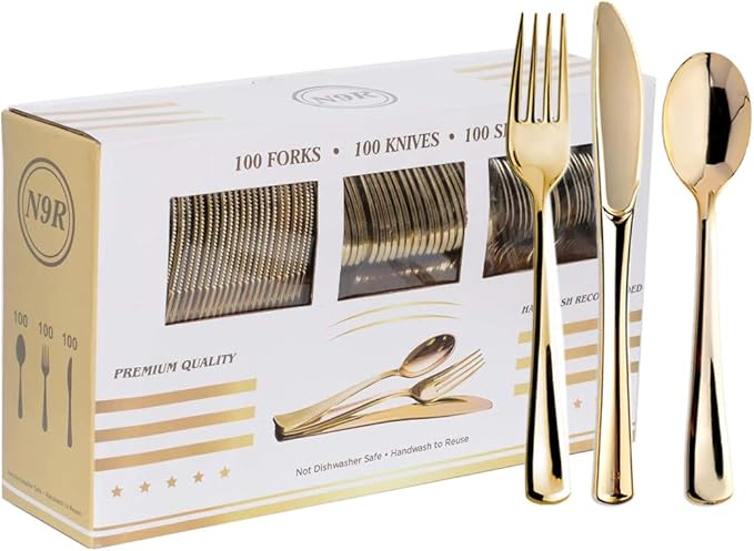 N9R 300PCS Gold Plastic Silverware, Heavy Duty Gold Plastic Cutlery