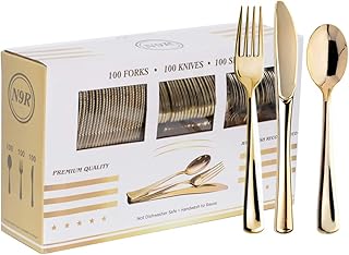 N9R 300PCS Gold Plastic Silverware, Heavy Duty Gold Plastic Cutlery Set Disposable Flatware Dinnerware, 100 Forks, 100 Spo...