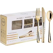 N9R 300PCS Gold Plastic Silverware, Disposable Plastic Cutlery/Utensils