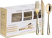 N9R 300PCS Gold Plastic Silverware, Heavy Duty Gold Plastic Cutlery Set Disposable Flatware Dinnerware, 100 Forks, 100 Spoons, 100 Knives, Perfect for Party, Wedding and Daily Use