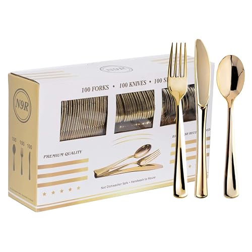 N9R 300PCS Gold Plastic Silverware, Disposable Plastic Cutlery/Utensils | Heavy Duty Flatware, 100 Forks, 100 Spoons, 100 Knives, for Party, Wedding & Everyday Use