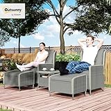 Outsunny 5 Piece Rattan Garden Furniture Set with Recliner Chairs, Wicker Patio Conversation Set with Footstools, 2-Tier Glass Top Coffee Table, Cushions for Outdoor, Balcony, Porch, Charcoal Grey - Image 2