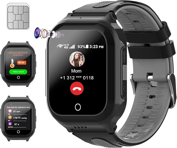 Wonlex Smartwatch 4G para Niños con Tarjeta SIM, Reloj Inteligente GPS para Niños, Monitor de Salud con Temperatura, Videollamadas, Cámara, Podómetro, Alarma, Reproductor de Música para Niños y Niñas de 4-15 Años (Negro)