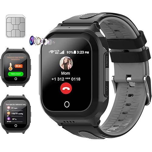 Wonlex 4G Kids Smartwatch with SIM Card, GPS Smart Watch for Kids, Health Monitor Phone Watch With Temperature, Video Calls, Camera, Pedometer, Alarm, Music Player for Boys Girls Aged 4-15 (Black)