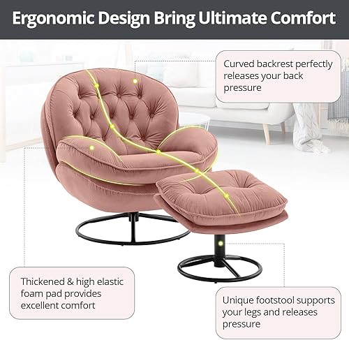 Miniatura 5 de Silla giratoria de terciopelo con juego otomano, moderna silla de salón con marco de base de metal y reposapiés, cómoda silla de lectura individual