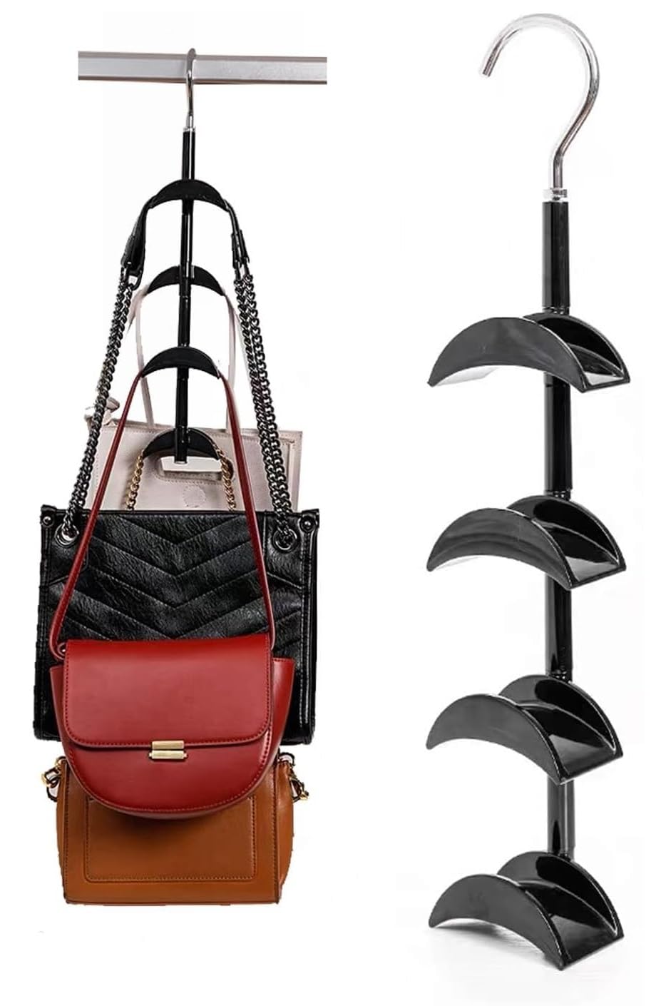 AUGEN Purse Hanger for Closet - 360° Rotating Handbag Hanging Hook Bag Storage Space Saver with 4 Hooks, Hanging Organizer for Scarf Handbag Belt (Pack of 1, Black) (B0DHL6ZKPY) Amazon Price History, Amazon Price Tracker