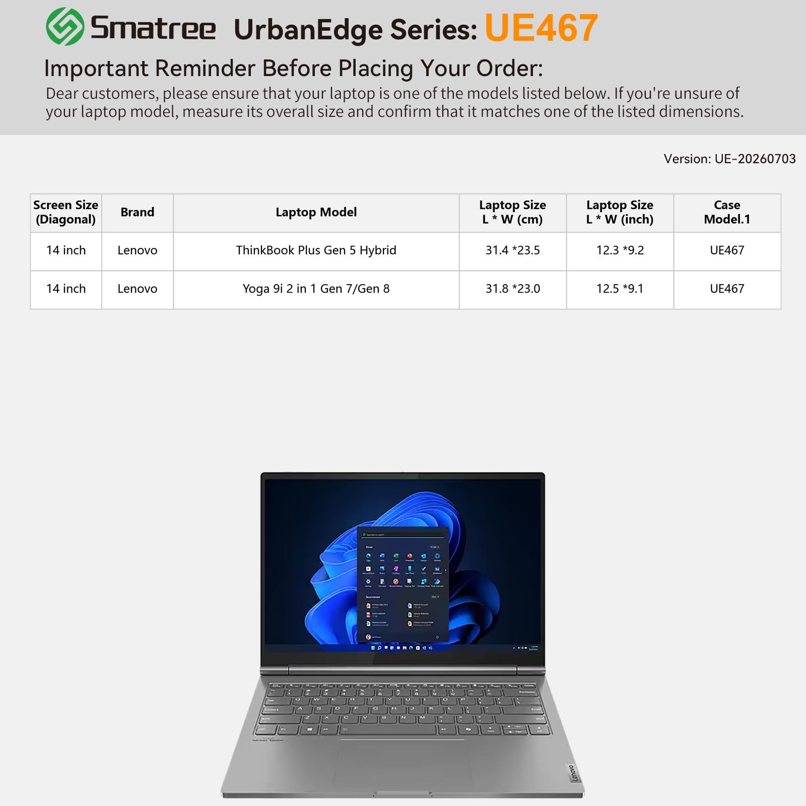 Smatree UrbanEdge Etui na laptopa do 14 cali Lenovo ThinkBook Plus Gen 5 Hybrid;14 cali Lenovo Yoga 9i 2 in 1 Gen 7/8,z kieszenią na akcesoria(UE467)