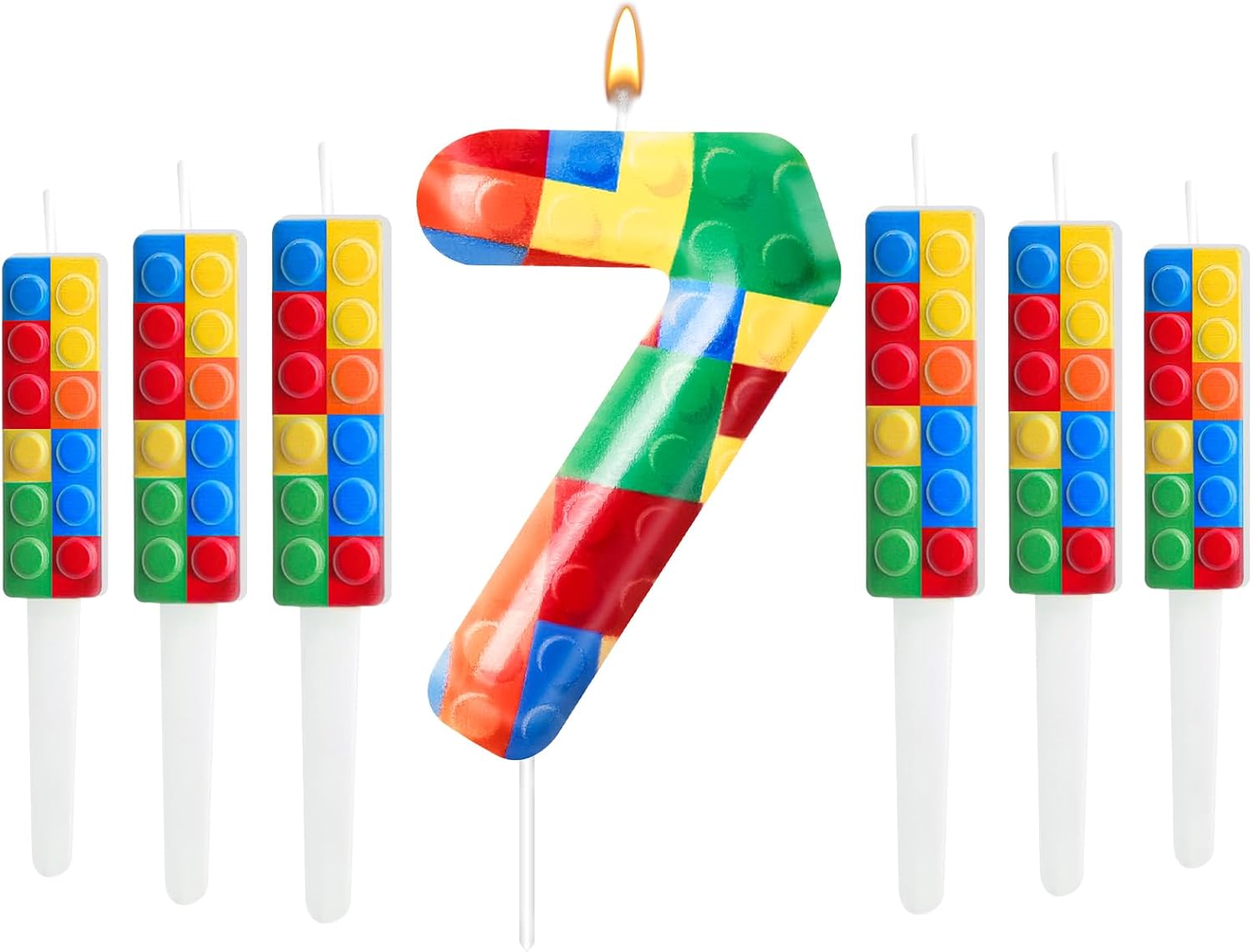 7 Pcs Building Block Themed Birthday Candles Set Building Blocks Number 7 Candle Cake Topper for Building Block Party Decoration Supplies (Number 7)
