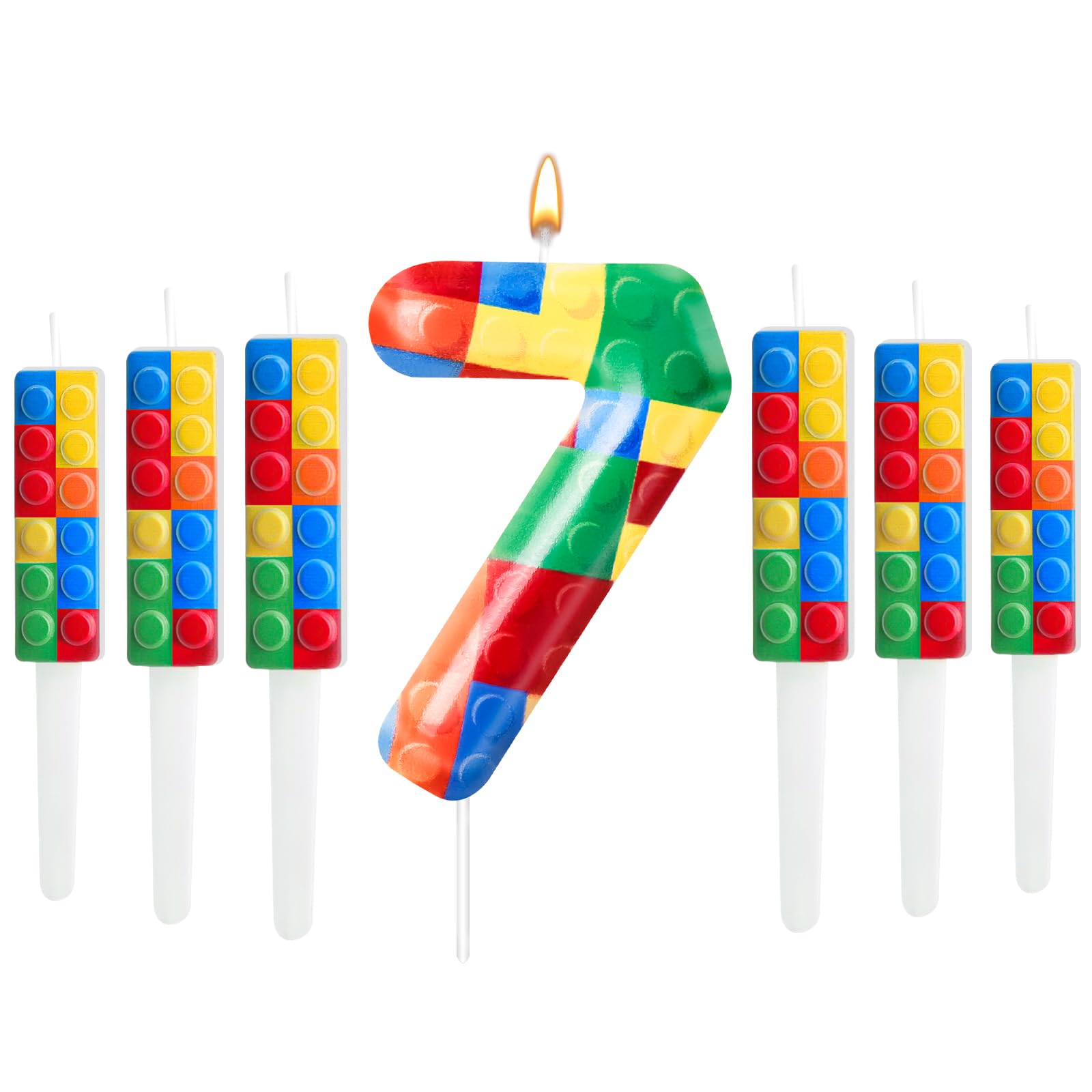 7 Pcs Building Block Themed Birthday Candles Set Building Blocks Number 7 Candle Cake Topper for Building Block Party Decoration Supplies (Number 7)