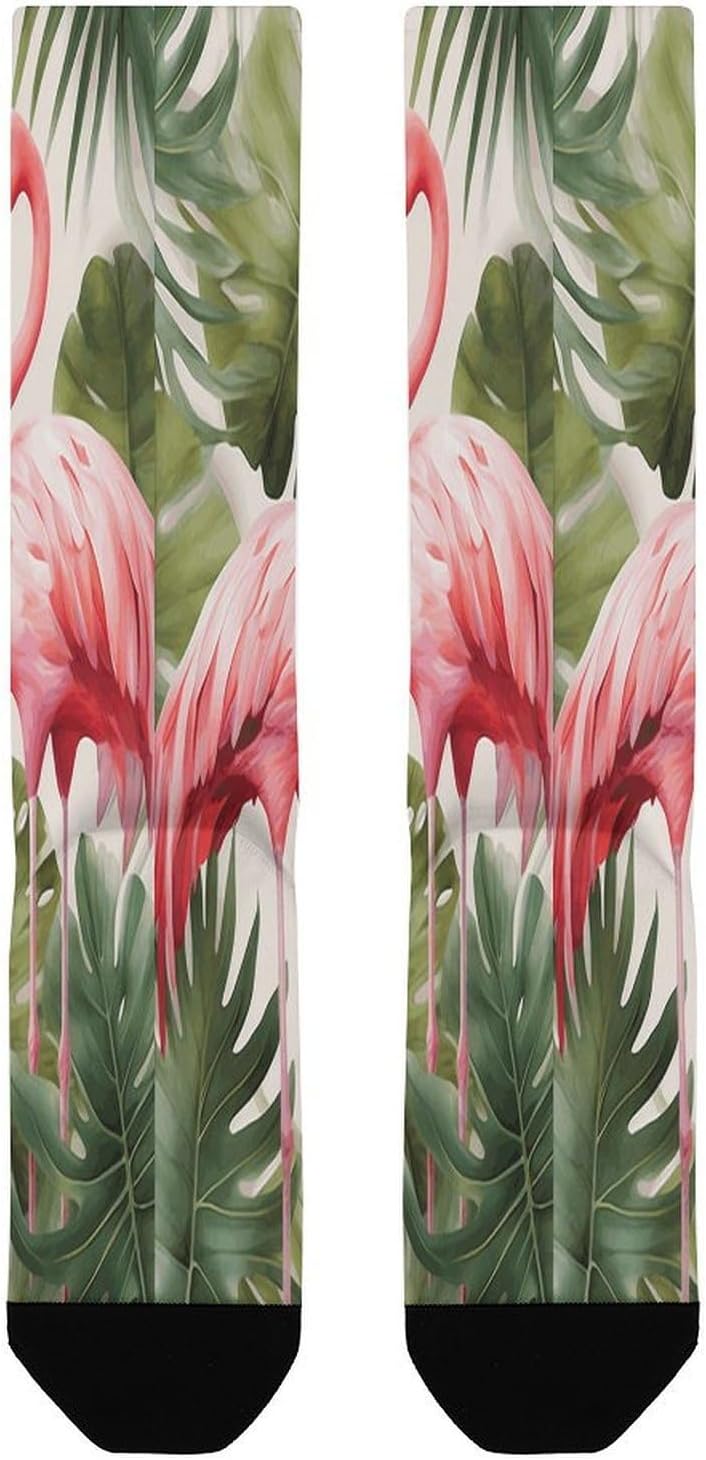 Flamingo Palm Trees Leaf Compression Sock Circulation Support Socks Lightweight Knee High Tube Sock Over-The-Calf Sock for Adult