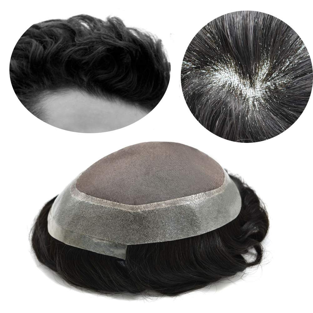Natural Black Human Hair Hairline Mens Toupee Fine Mono Poly Around Hairpieces Durable Wigs Breathable Hair Replacements (9"X6", 1B# Off Black/Natural Black,120% Light to Medium Density)