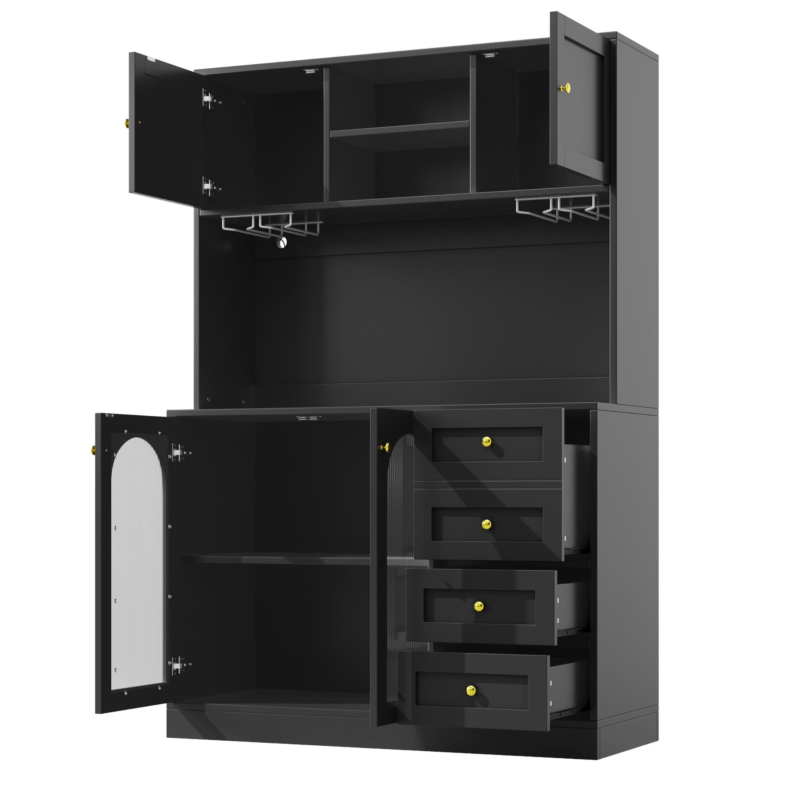 Mobile da cucina a buffet, 120 x 40 x 188 cm, stile rustico, 4 ante, con striscia luminosa a LED e porta bevande, colore nero.