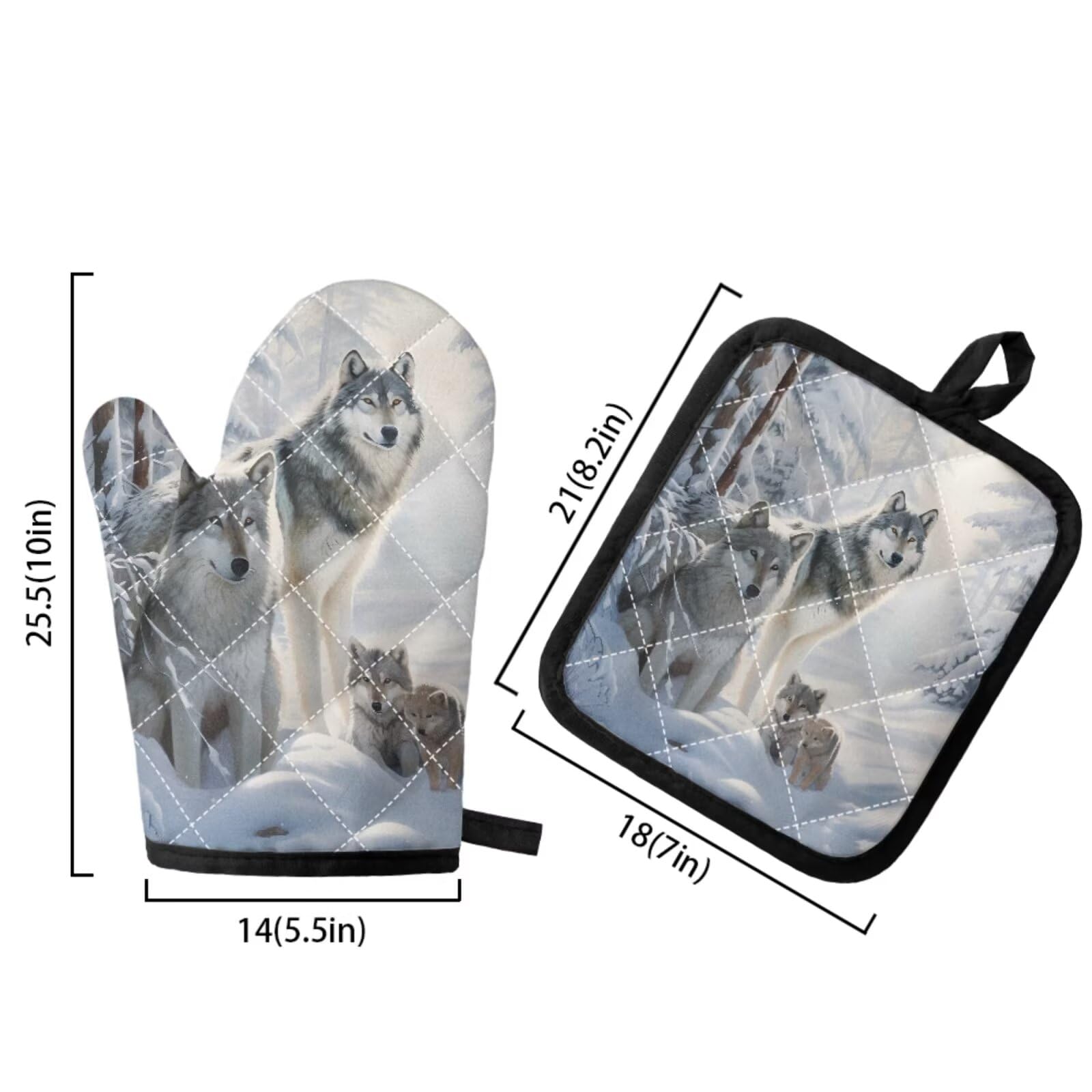 DISNIMO Family Wolf 4 Pcs Oven Mitts and Pot Holders Sets with Dish Towel Cooking Accessories Machine Washable Square Pads for Cooking Home Decor