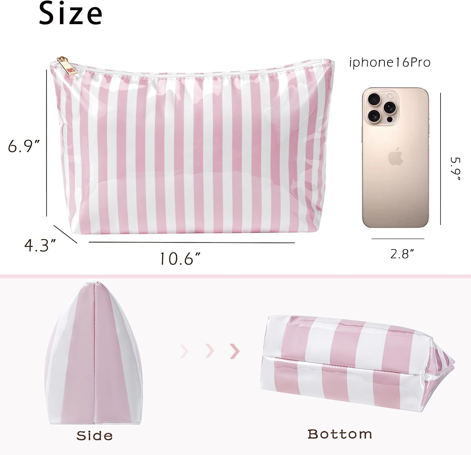 Large PVC Waterproof Striped Makeup Bag,Clear Coated Cosmetic Bags,Easy to Clean,Travel Organizer Zipper Pouch Beach Vacation Essentials for Women Girls(04Pink Stripe)