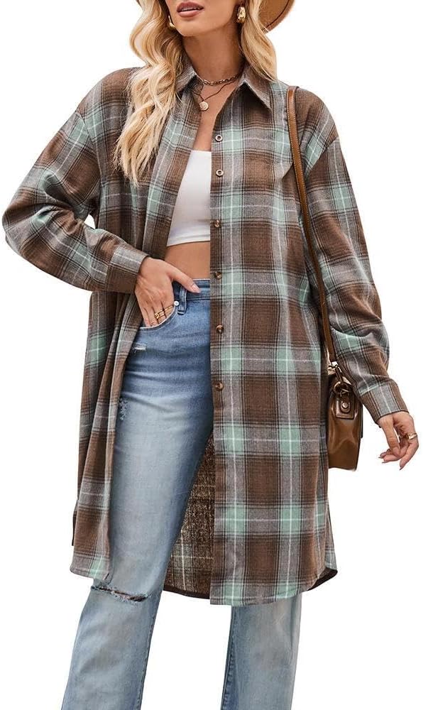 FMCHICO Women's Button Down Flannel Shirts Plaid Shacket Long Sleeve Collared Long Jacket Coats