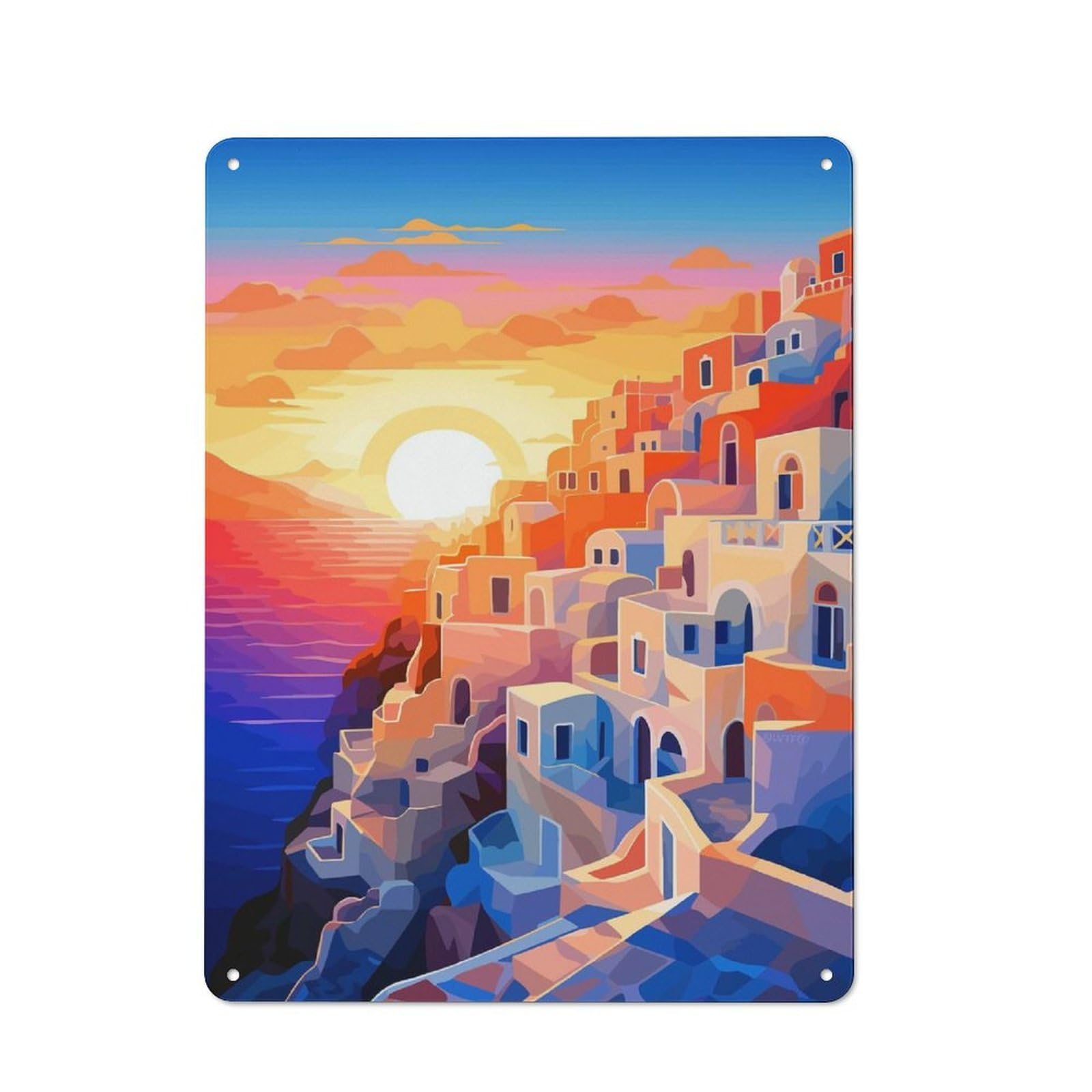 Junmoney Santorini Sunset Travel Metal Sign 40X30cm, Retro Bar Wall Plaque For Bar, Kitchen, Garage Or Games Room, For Casual British Interiors
