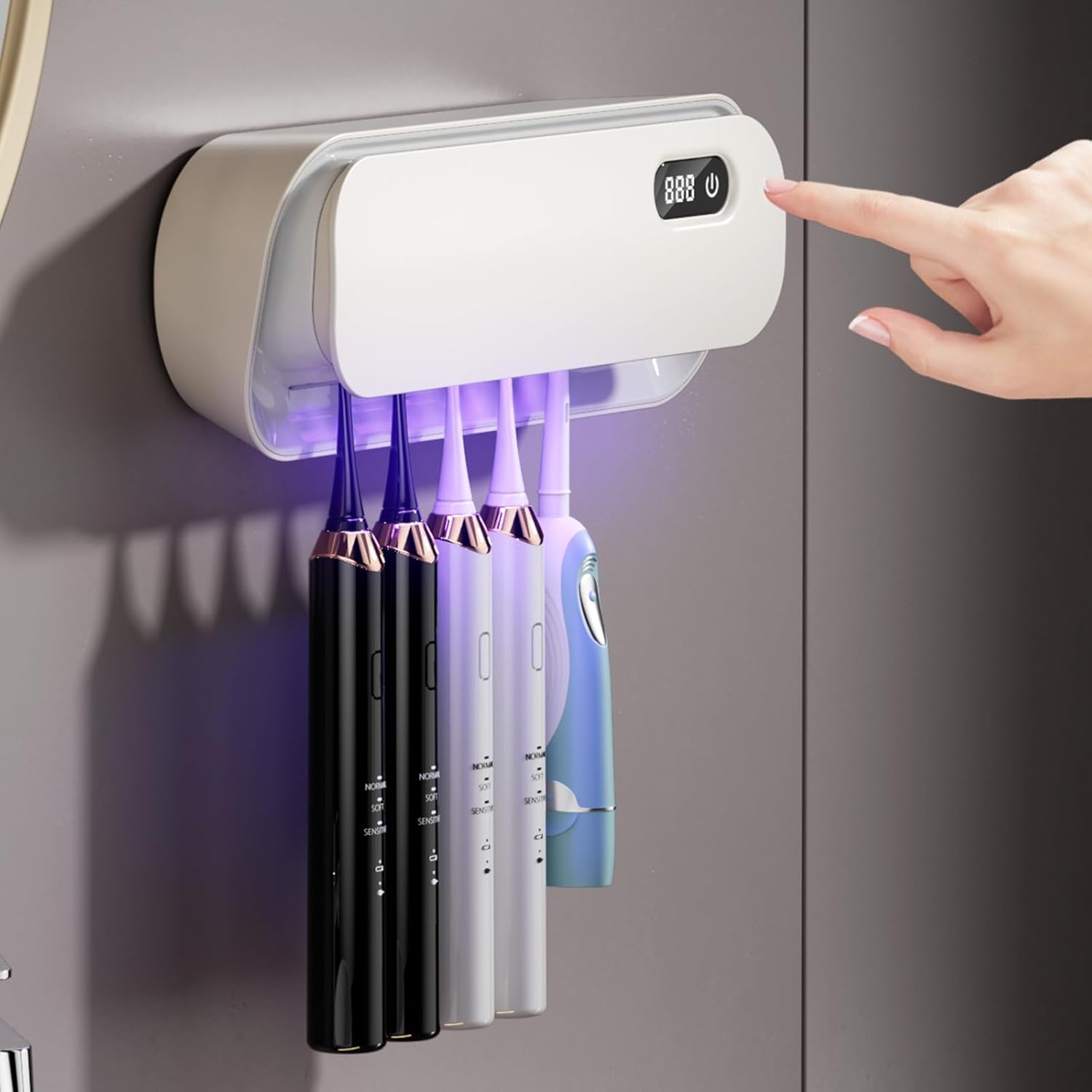 UV Toothbrush Holder Wall Mounted, 3 Slots + Razor / 5 Slots, 300s Quick-Drying, Timer Function, Type-C