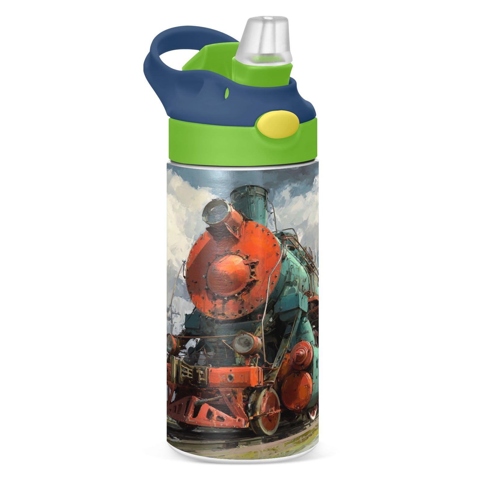 Boccsty Locomotive Train Kids Water Bottle with Straw Lid Insulated Stainless Steel Reusable Tumbler for Boys Girls Toddlers 12 oz Green