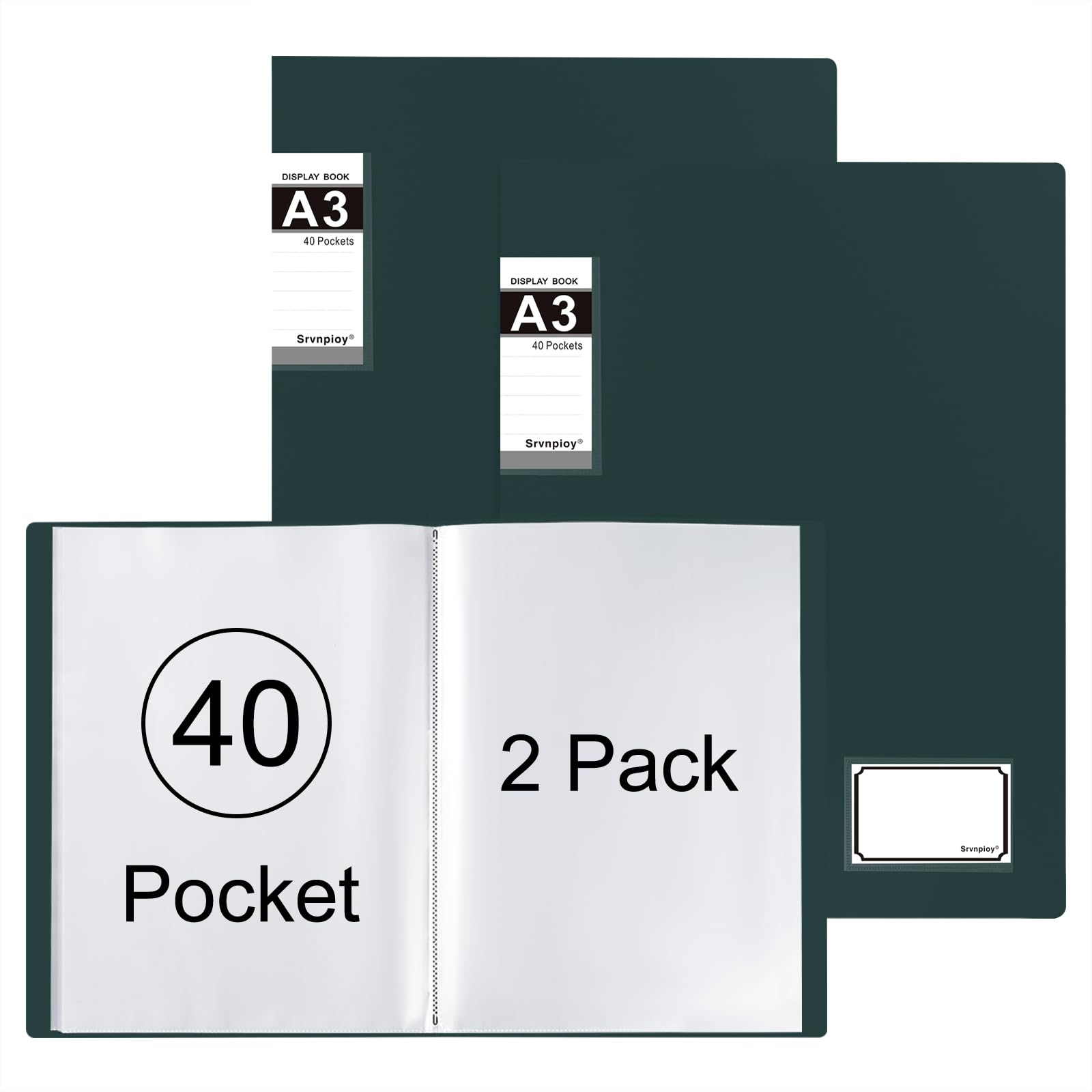 Srvnpioy 2 Pack A3 Display Book with 40 Pockets, 25mm Spine, PP, Green
