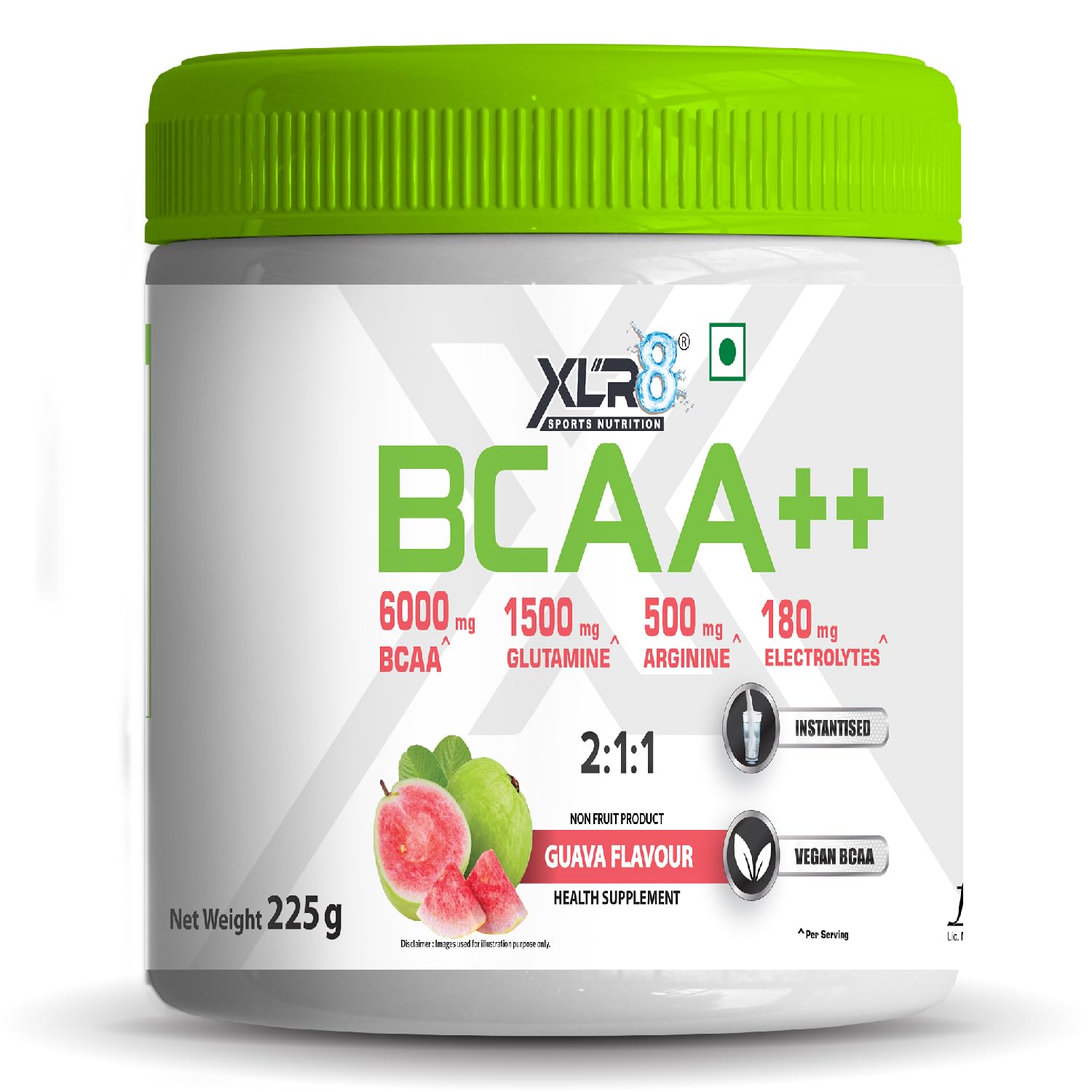XLR8 BCAA++ Powder Supplement 2:1:1 with Vegan Instantised BCAA 5000mg,1500mg Glutamine, 500mg Arginine &180 Electrolytes (225 g (Pack of 1), Guava)