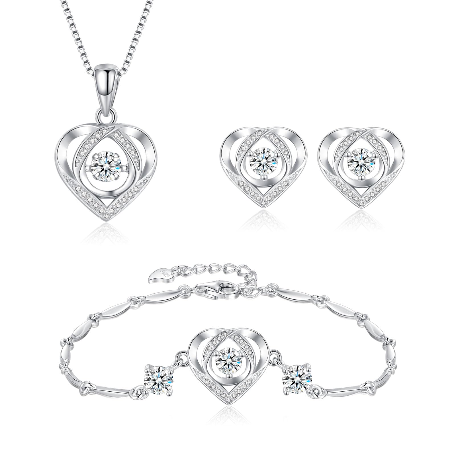 Silber Schmucksets für Damen, 925 Sterling Silber Herz Anhänger Halskette & Ohrringe Ohrstecker & Armband Set, 3 Stück Schmucksets mit Weiß/Rosa/Blau Zirkonia, Süße Schmuckset mit Geschenkbox