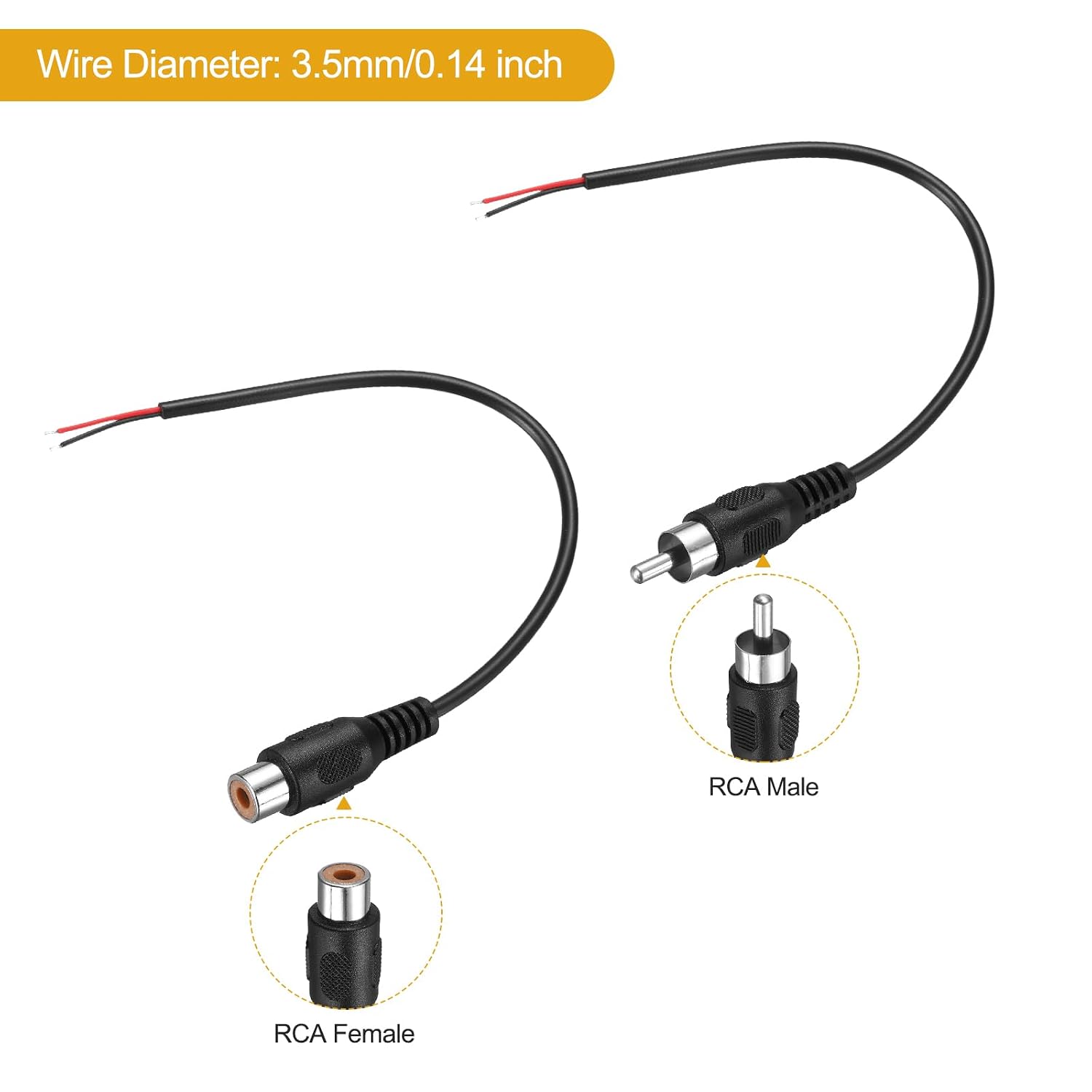 MECCANIXITY 0.7FT RCA to Bare Wire Speaker Cable, 22AWG Replacement Black RCA Male Female Plug to Open End Pigtail Audio Cable Connector Adapter for Amplifier, Home Audio Speakers, Pack of 4