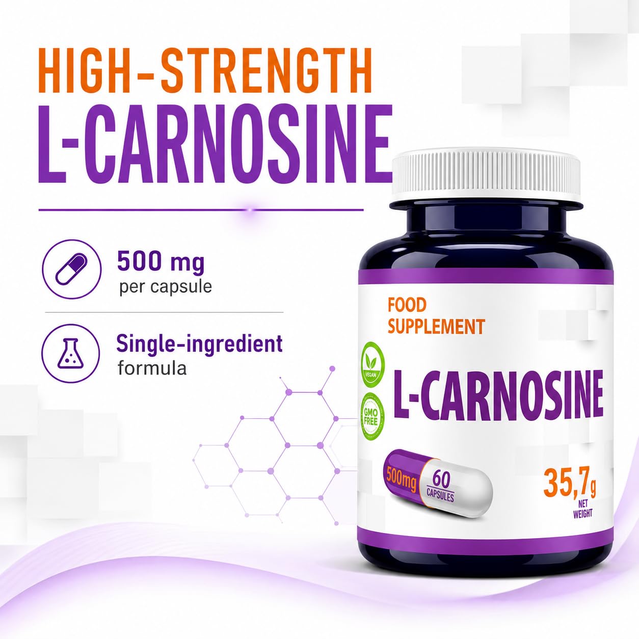 Hepatica L-Carnosina 500 mg | Dipeptide di Beta-Alanina e Istidina | 60 Capsule Vegane | Scorta 2 Mesi | GMP & laboratorio indipendente