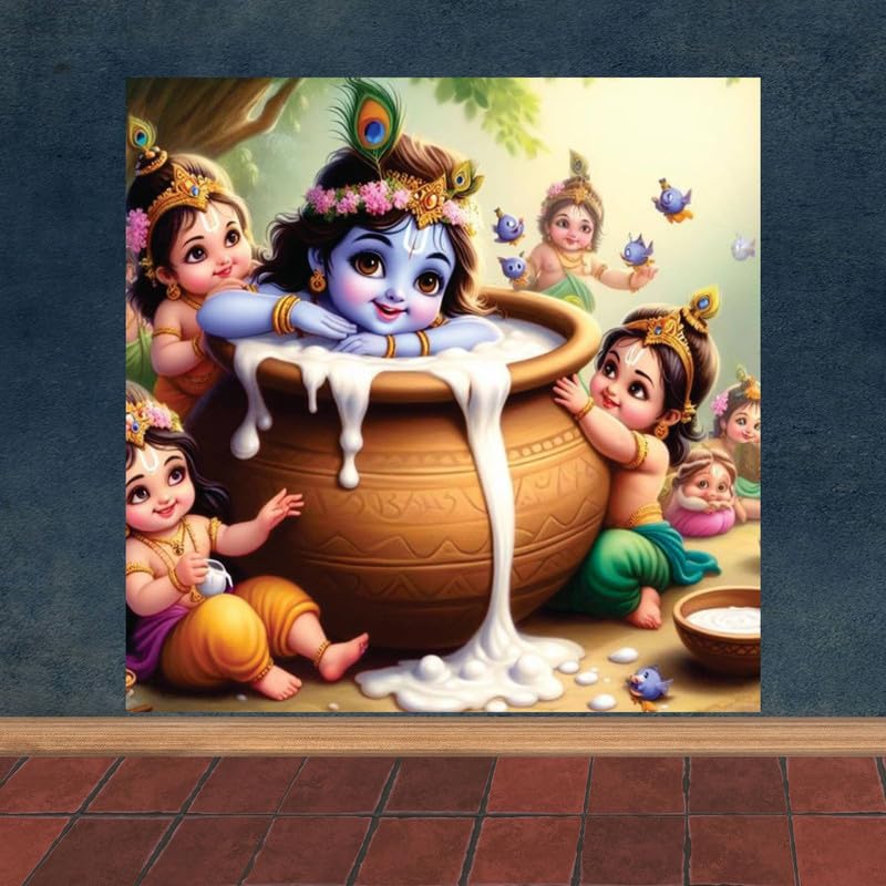 Image of British Terminal Cute little Bal Gopal Baby God Krishna| Kanha Ji | Laddu Lord Makhan Chor Painting Religious Poster for Pregnant Women for wall (matt thin vinyl,sticker,multicolor,unframed)| bj7