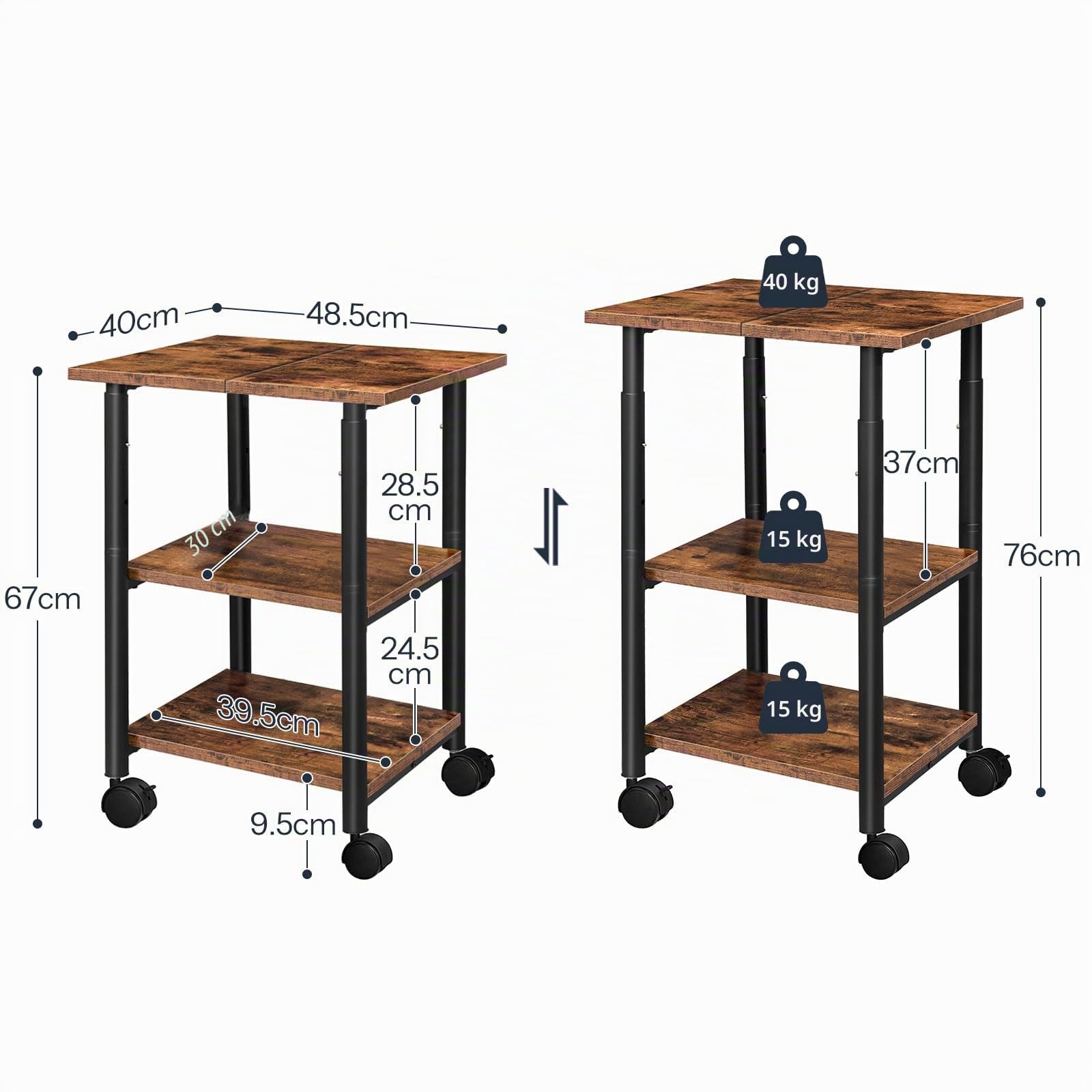 HOOBRO Soporte de Impresora, Carro Móvil con 3 Estantes, Estantería con Ruedas, para Oficina, Casa, Escuela, Estructura Metálica, Estilo Industrial, Fácil Montaje, Marrón Rústico y Negro EBF03PS01G1