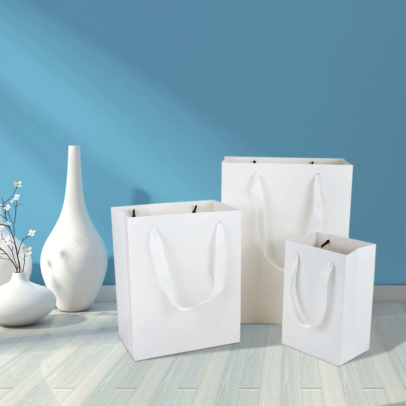 HUAPRINT 30 Pack White Medium Paper Bags with Handles - 8x5x10 inch Gift Wrap Bag for Retail,Party Favor,Merchandise,Business,Shopping,Wedding