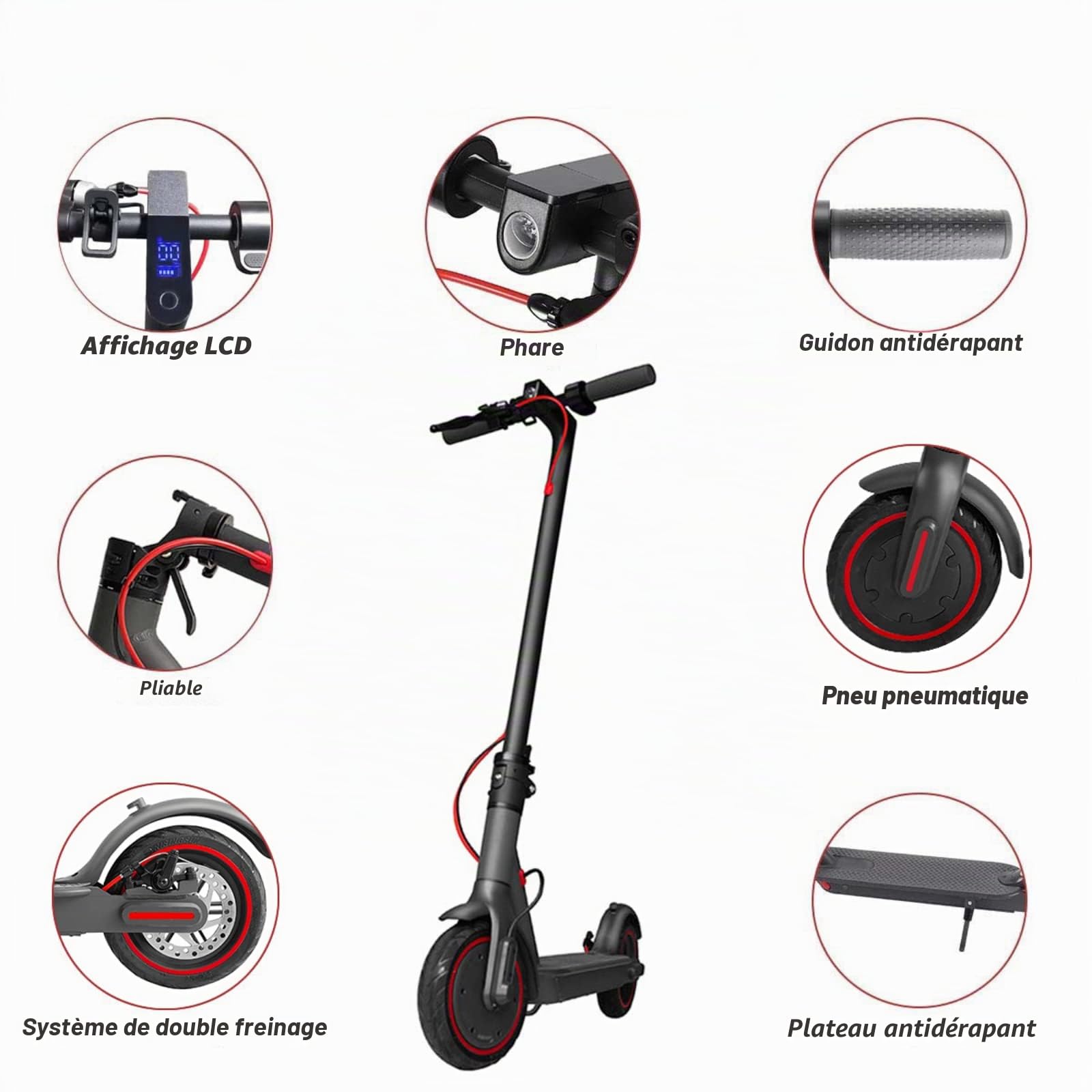 Trottinette électrique de 8,5 pouces avec application, moteur puissant, 7,5 Ah à 30 km de distance, scooter électrique pliable pour adultes Noir