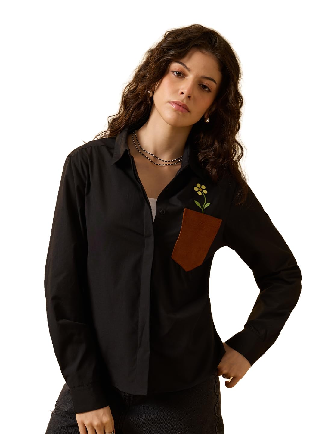 the souled store Flora Women and Girls Full Length Sleeves Spread Collar Black Embroidered Polyester Cotton Relaxed Fit Contrast Patch Pocket Lightweight All-Season Shirt-picture-45