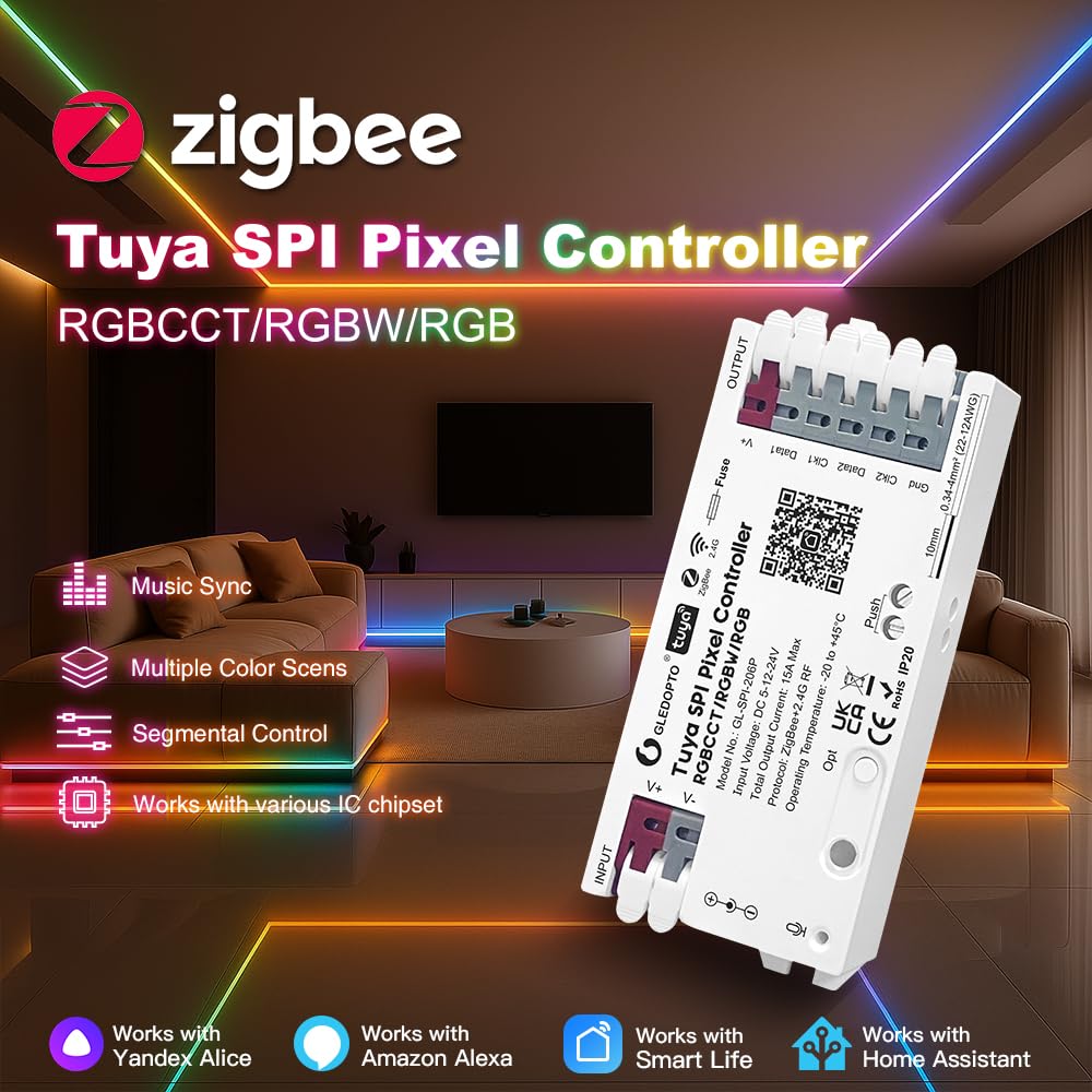 GLEDOPTO Tuya SPI kontroler pikseli RGBCCT RGBW RGB ZigBee kontroler LED, dynamiczne światło, synchronizacja muzyki, praca z Smart Life Google Assistant Alexa Yandex (206P-ZigBee SPI)