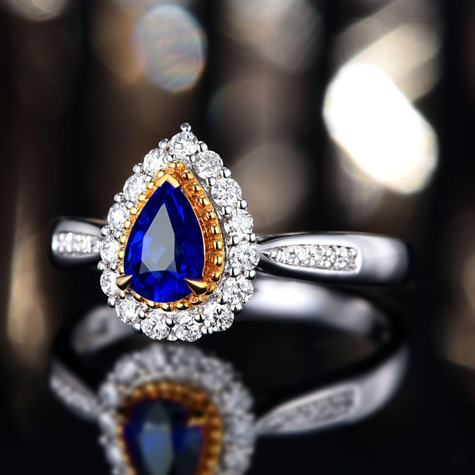 Pierścionki zaręczynowe damskie z białego złota 9 Kt/14 Kt/18 Kt, 0,61ct szafir kropla wody i diamentu, srebrne niebieskie pierścionki z federiną dla kobiet