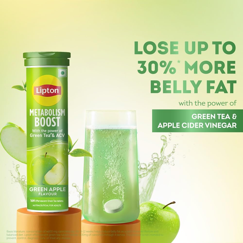 Lipton Metabolism Boost with 150mg Green Tea Catechins and 50mg ACV (Apple Cider Vinegar) | For Weight Loss & Fat Burn | Zero Calories | 16N Effervescent Tablets | Green Apple Flavour 1