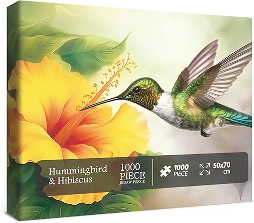 Rompecabezas de flores para adultos de 1000 piezas, rompecabezas de flores de pájaro para adultos, rompecabezas de flores de colibrí e hibisco,