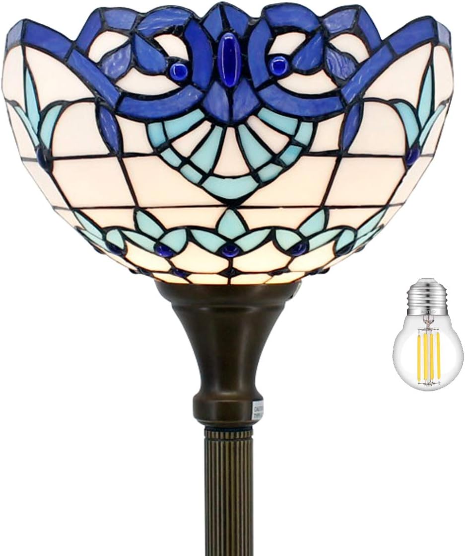 WERFACTORY Tiffany Floor Lamp Navy Blue Baroque Stained Glass Light 12X12X71 Inches Pole Torchiere Standing Corner Torch Uplight Decor Bedroom Living Room Home Office S003B Series