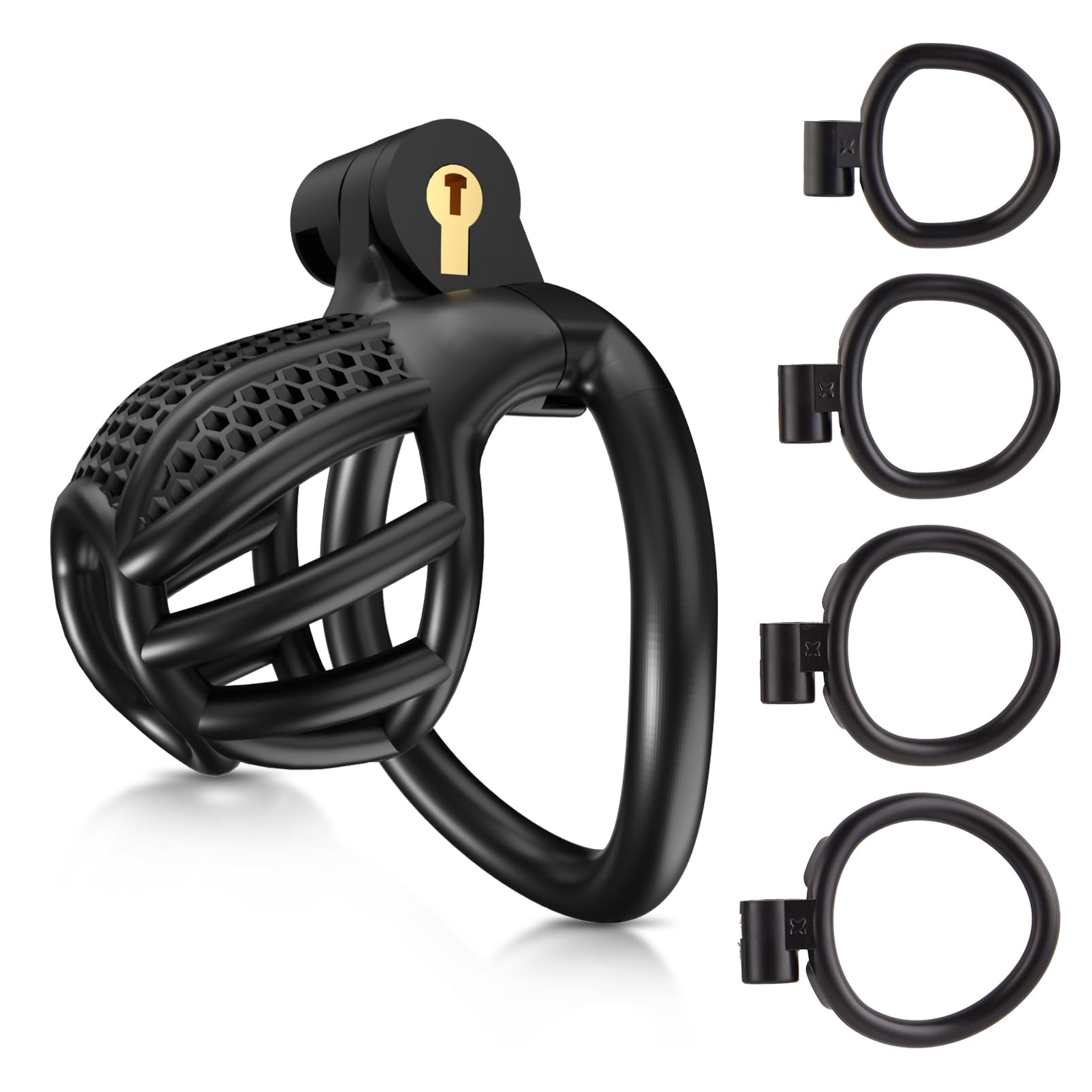 Male Chastity Device Cock Cage - UTIMI Large Plastic Chastity Cage for Man Penis Exercise 3D Printed Black Bondage Gear Lightweight Adult Sex Toy with 4 Sizes Rings Invisible Lock and Key
