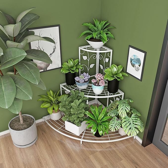 Image of NAYAB 3 Tier Metal Plant Stand, Stair-Step Style Display Ladder | Corner Shelf Metal Flower Pot Rack for Garden Balcony Indoor Outdoor (Ivory)