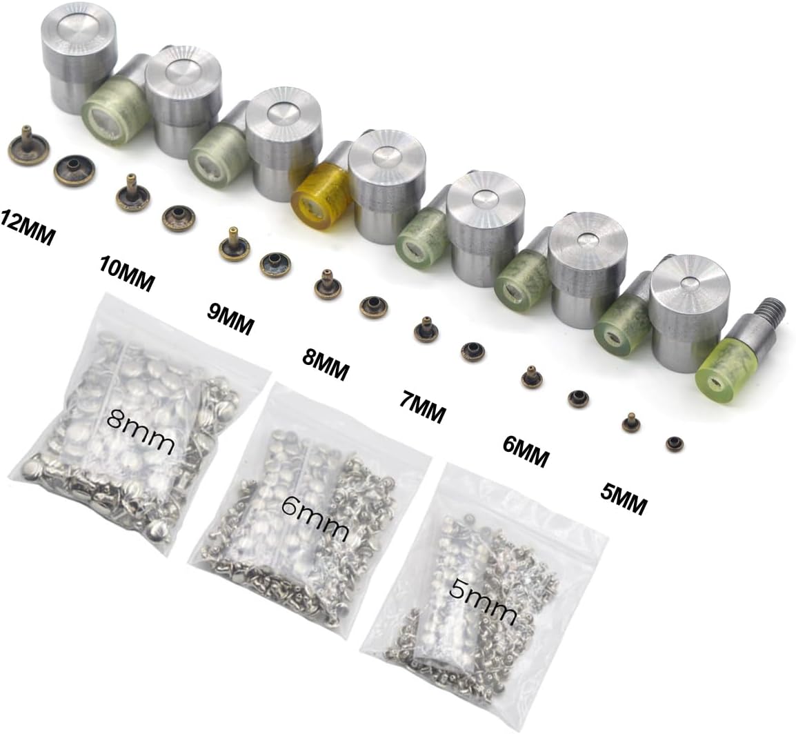 Yalando 7 Sets Double Cap Rivet Dies Mould Tool for Hand Press Machine Size 5 mm 6 mm 7 mm 8 mm 9 mm 10 mm 12 mm DIY Craft Supplies