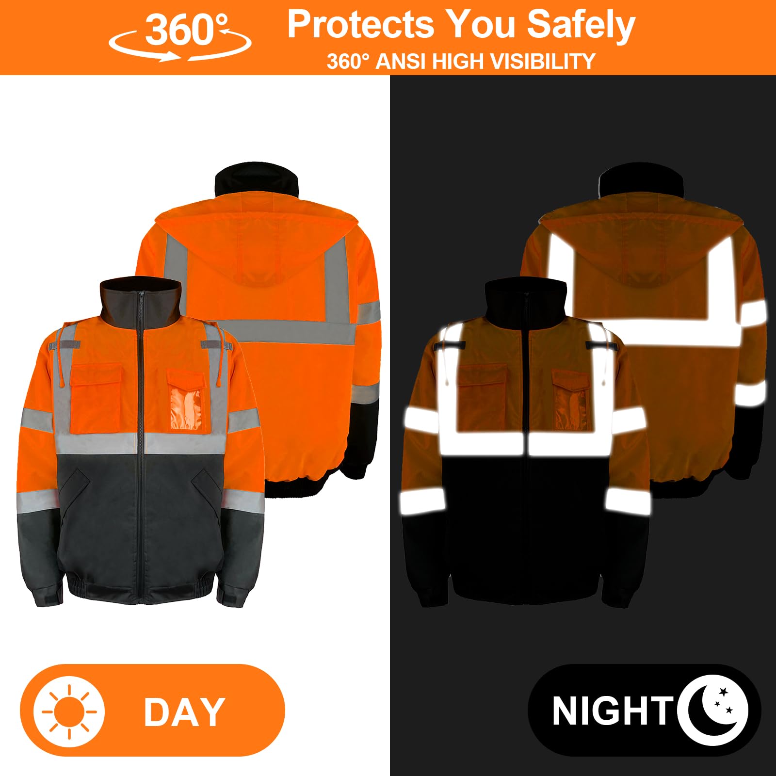 HYCOPROT Veste de Sécurité pour Hommes Veste Bomber Réfléchissante Haute Visibilité Vestes de Pluie Avec Poches de Travail Imperméables Gilets de Sécurité pour Temps Froid Normes EN ISO 20471