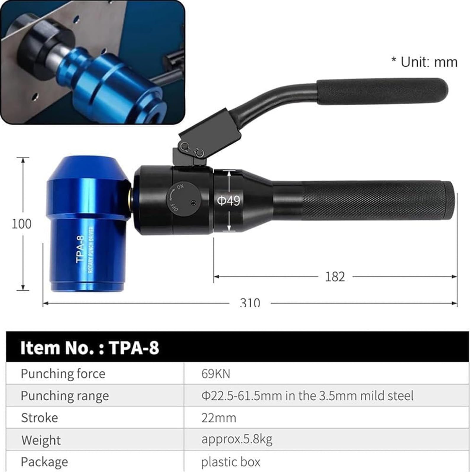 Kit De Sacabocados Hidráulicos, Perforadora De Láminas De Metal Excavadora De Agujeros Hidráulica, Punzonadora De Chapa Metálica con 6 Troqueles, para Aluminio, Latón,Blue