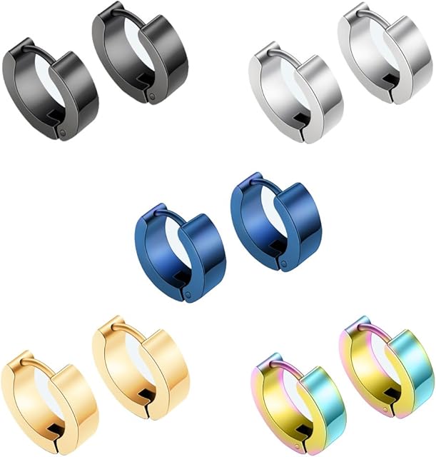 Epoch World 5 Pairs 14mm Stainless Steel Silver Gold Huggie Hinged Hoop Earrings for Men Women Unisex, Titanium Black Stud Earrings Men Gold, Small Round Clip on Hoop CZ Earrings Set