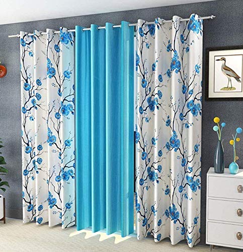 Shivam reation's Room Darkening Eyelet SkyBlue Color Long Crush with Floral Combo Door Curtains Set of 3||7ft