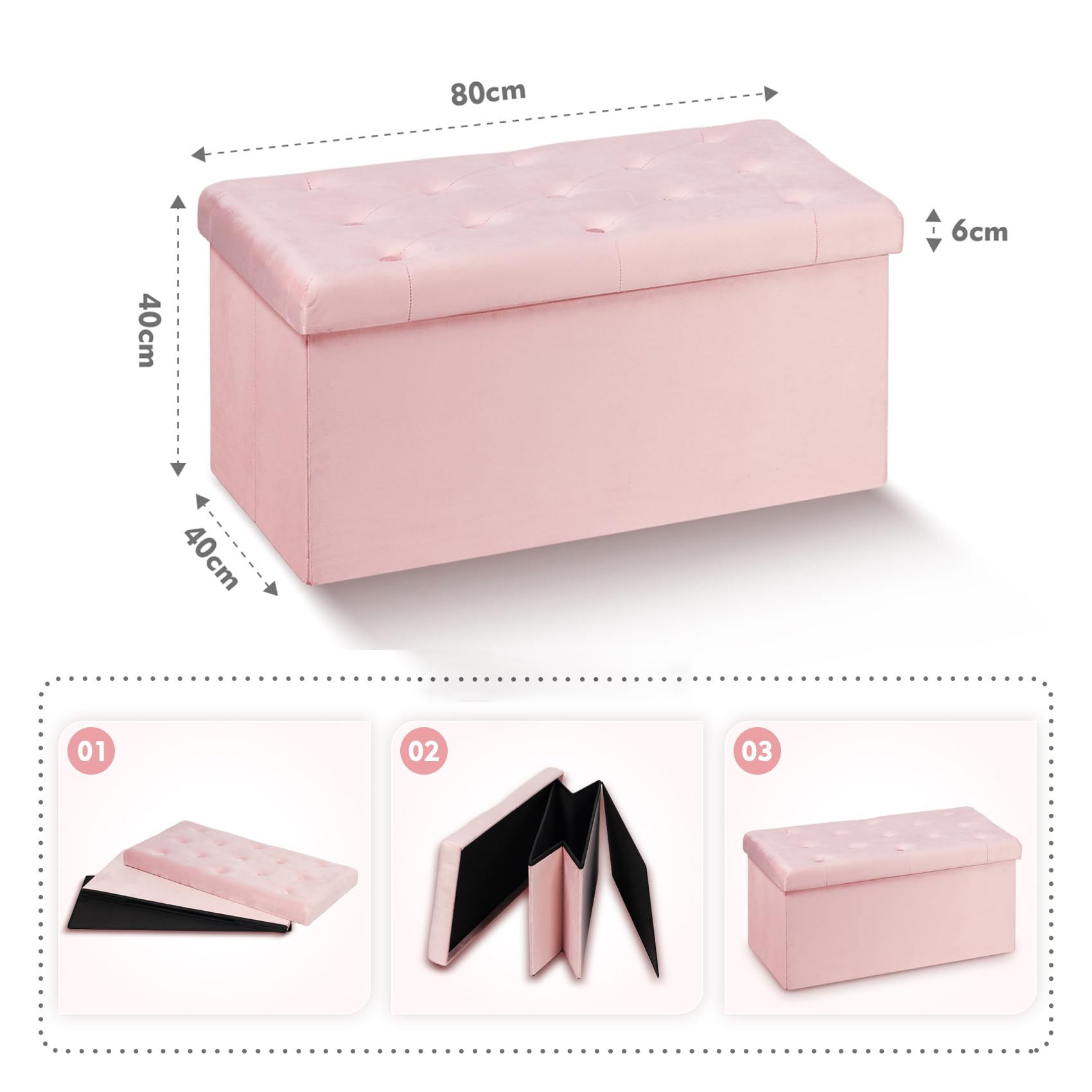 Bonlife Sitzbank mit Stauraum,Faltbarer Hocker,Aufbewahrungsbox Fußhocker Samttuch,Falthocker Sitzbänke Truhen,Rosa,80x40x40cm