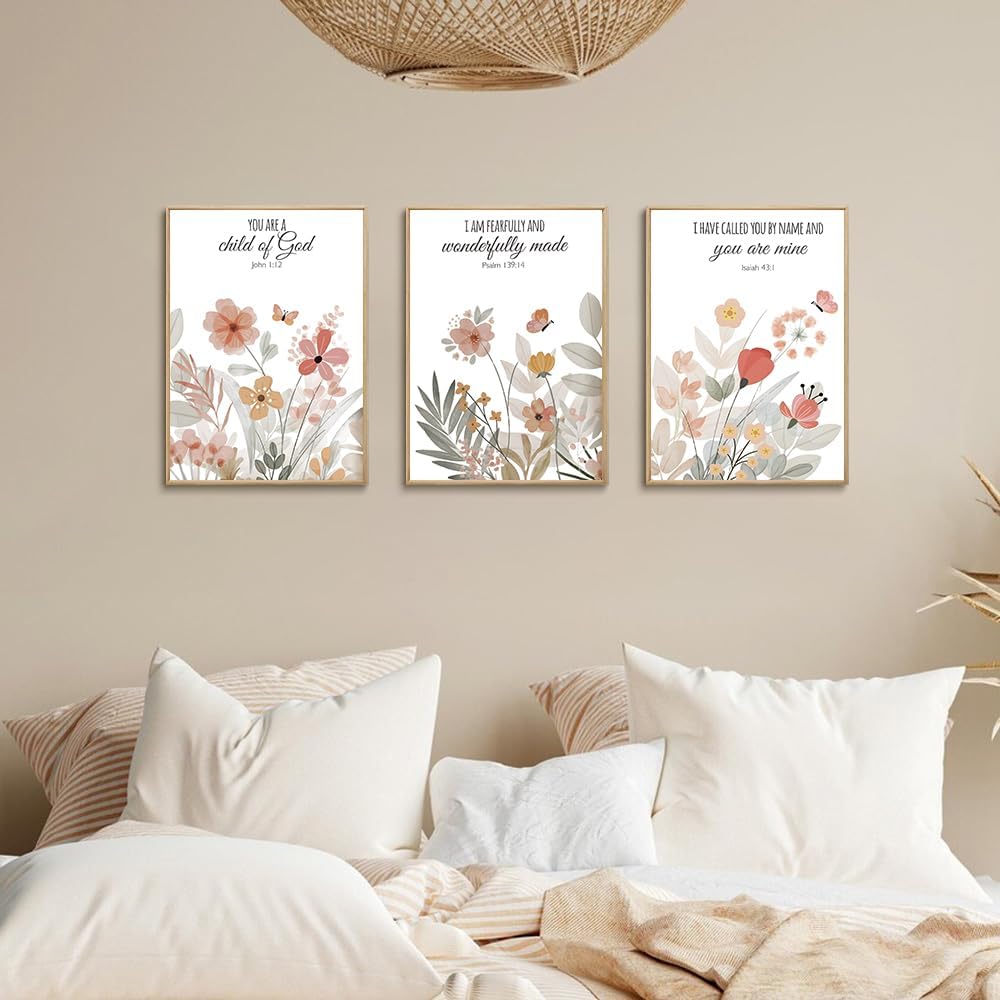 3 Pcs christian Wall Art Wildflowers Bible Verse Canvas Wall Decor Boho Floral Paintings Prints Poster Retro Nursery Artwork for Living Room Bedroom Home Decorations Unframed (16 * 24 In x 3)